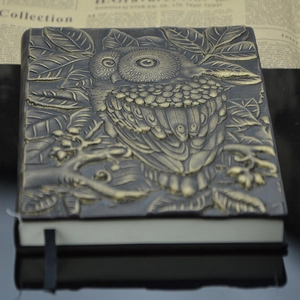 Macro detail of antique bronze owl embossed cover on a vintage leather notebook