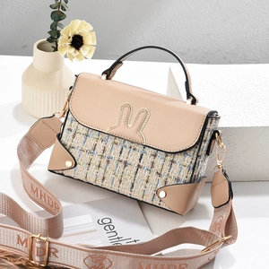 Women Korean Cute Rabbit Ears Shoulder Bag Tweed PU Leather Splicing Handbag With Wide Letter Strap Fashion Crossbody Bag