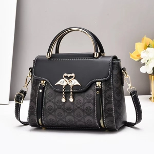 Women Handbag PU Leather Crossbody Shoulder Bag Swan Buckle Artificial Pearl Pendant Top Handle Retro Printed Fashion Elegant Lady