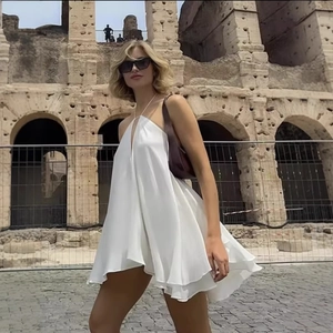 Halter Neck Backless Mini Dress Polyester Solid Color Summer Vacation V Neck For Women