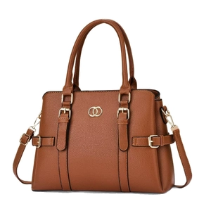 Brown lychee leather tote bag with gold hardware and removable shoulder strap for commuting