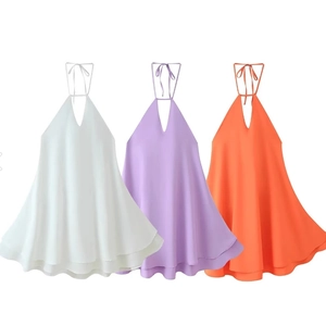 Women halter neck deep V-neck dresses in white, lilac and orange colors summer style