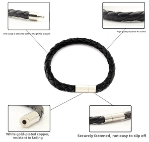 Detail of black woven PU leather bracelet with silver magnetic cylinder clasp and macro view