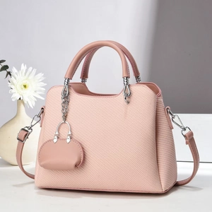 Pink woven texture shoulder bag for women with round coin purse and silver chain strap