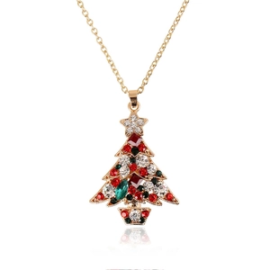 Detailed view of a gold Christmas tree necklace pendant with sparkling colored crystals