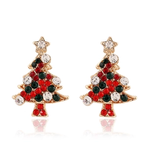 Detail of Christmas tree stud earrings with festive red green and white crystals on gold base