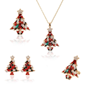 Christmas tree jewelry set with red and green rhinestones including necklace and ring