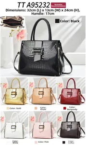 Detail view of crocodile pattern handbag showing dimensions and multi-color options