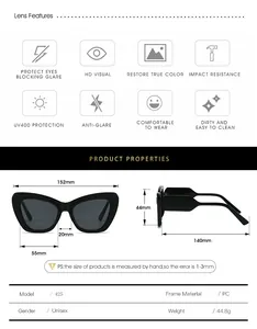 Size chart and technical specs for cat-eye sunglasses including UV400 protection features