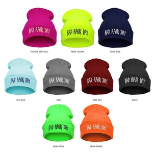 Winter knit beanies set in nine colors featuring Bad Hair Day letter embroidery