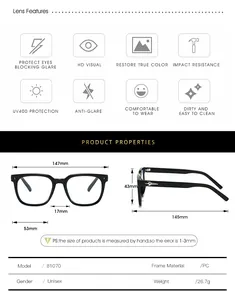 Guide des tailles pour montures de lunettes TR carrées avec dimensions et spécifications