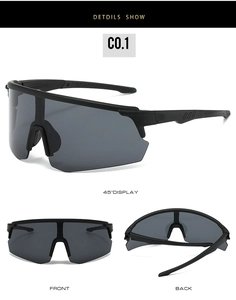 Detailed views of matte black cycling sunglasses with UV protection gray lenses