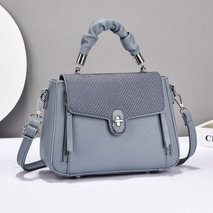 Gray-blue leather handbag with woven texture flap and pleated handle for women