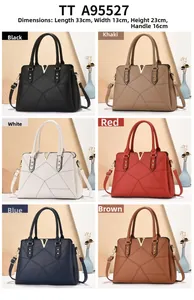 Detailed size chart showing dimensions and six color options for the stylish PU leather tote