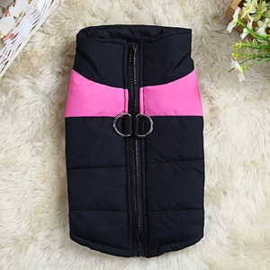 Pink and black padded dog vest with zipper closure and double D-rings for leash