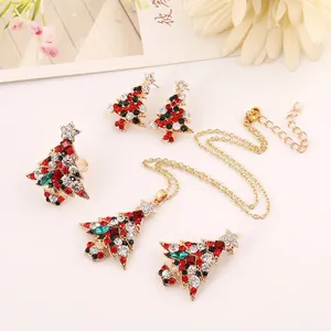 Christmas tree jewelry set with red and green crystal necklace earrings ring and brooch