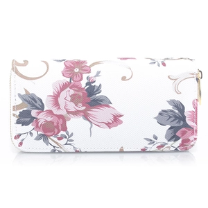 Close-up of pink rose print on white crosshatch leather wallet with zipper closure