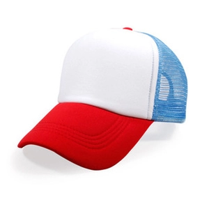 Detail of red, white and blue cotton mesh sun visor hat with breathable back panels