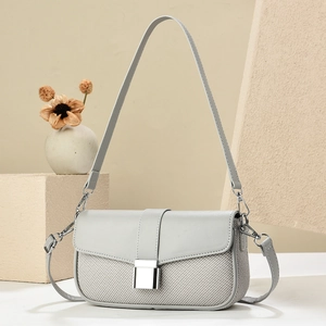Minimalist light gray crossbody bag for women with square metal lock and weave texture