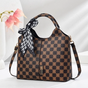 Classic checkered tote bag with vintage floral patterns and decorative silk scarf detail
