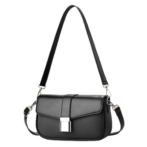Classic black leather crossbody square bag with woven pattern and silver metal buckle