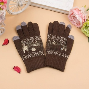 Nahaufnahme von Winter-Touchscreen-Handschuhen mit Hirsch- und Schneeflockenmustern