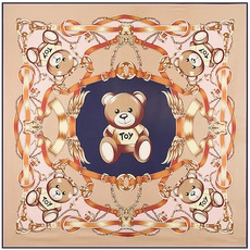 Flat lay of a 130cm silk scarf with vintage teddy bear and golden chain patterns