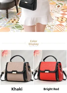 Detail showing woven texture PU leather tote bag in khaki and red with metal buckle