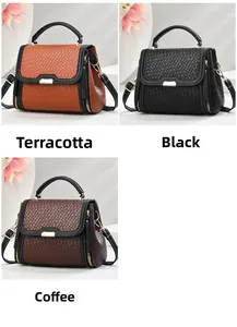 Detailed view of woven textures and color options in khaki, black, and brown handbags