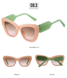 Three-view display of cat eye sunglasses with pink frames and translucent green temples