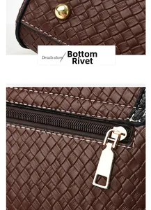 Detail of brown woven tote bag featuring bottom protective rivets and gold zipper hardware