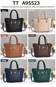 Detailed size chart for minimalist leather tote bag showing dimensions and colors