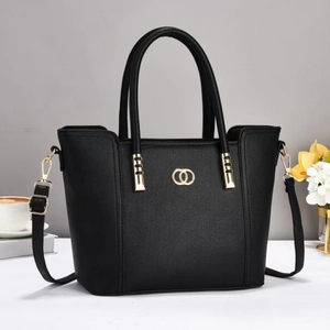Women PU Leather Litchi Grain Handbag Tote Bag Gold Double Ring Decor Crossbody Shoulder Bag For Office Commuter