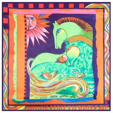Artistic square silk scarf detail featuring colorful stylized horses and sun pattern