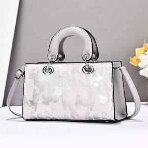 Sac fourre-tout en jacquard blanc à motifs floraux argentés et cuir gris clair