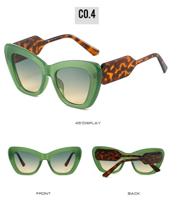 Three-way view of cat-eye sunglasses with green frames and tortoiseshell temples