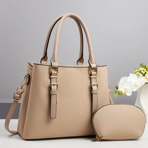 Minimalist beige woven leather tote bag set with detachable strap and small inner pouch