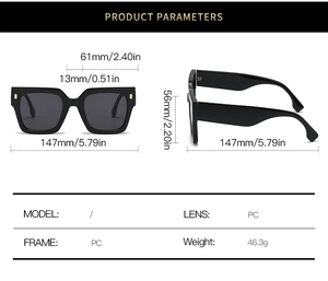 Dessin technique de lunettes de soleil carrées montrant les dimensions et le matériau PC