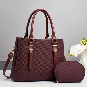 Elegant wine red tote bag and purse set with woven texture and gold metal hardware
