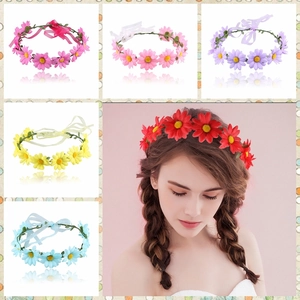 Detail view of colorful floral hair wreaths in six colors with adjustable ribbons