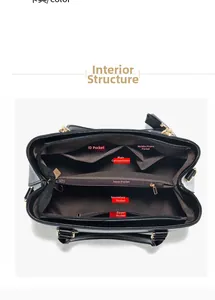 Vue détaillée du sac à main pour femme montrant les compartiments internes et la doublure