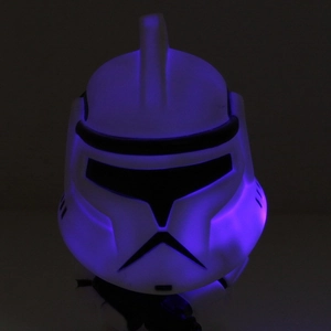 Star Wars clone helmet night light with glowing purple LED inside on dark background
