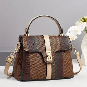 Retro striped woven handbag for women with beige leather strap and gold metal clasp