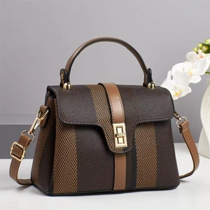 Brown woven crossbody bag with metallic vertical stripes and golden square buckle lock