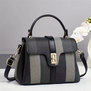 Women Fashion Stripe Woven Handbag Stylish PU Leather Shoulder Crossbody Bag With Metal Lock Handle Daily Commute Tote