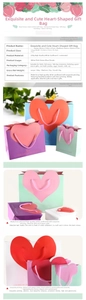 Size chart showing large medium and small paper gift bags with heart handles