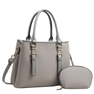 Gray woven texture tote bag set with detachable strap and small matching pouch