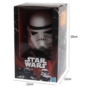 Detail view of Star Wars Stormtrooper collectible figure in retail box with size dimensions
