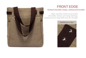 Detail of canvas tote bag with reinforced metal rivets on brown shoulder straps