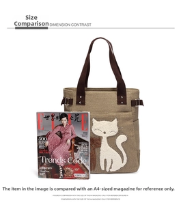 Canvas tote bag size comparison with A4 magazine showing spacious cat pattern design